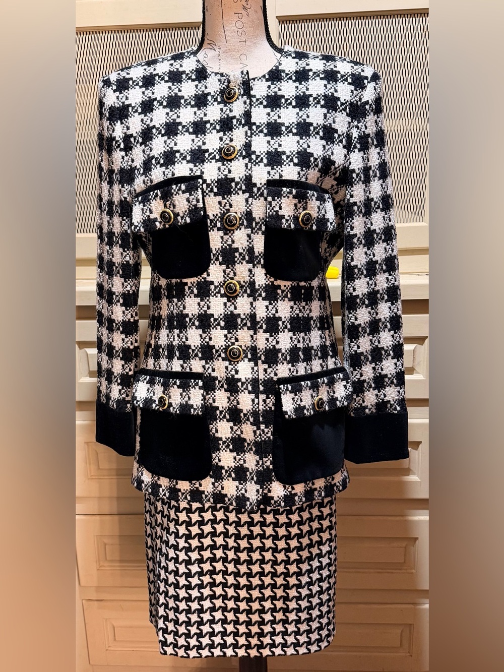 NWT VTG Escada Houndstooth Skirt Set West Germany Velvet Suit 10/12 Orig $1740